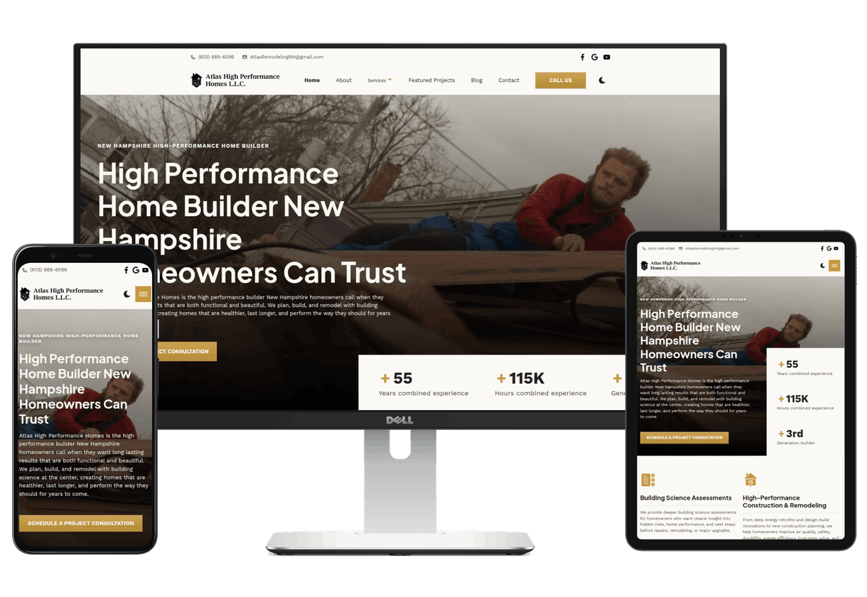 Laptop, phone, and tablet with the Atlas High Performance Homes website displaying on the screens