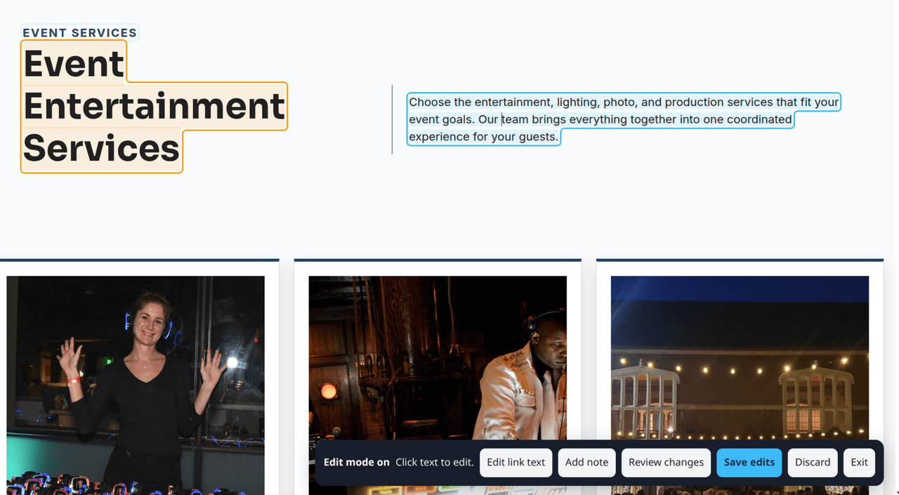 Collaboration center highlighting editable website text, with controls to add a note and review changes.