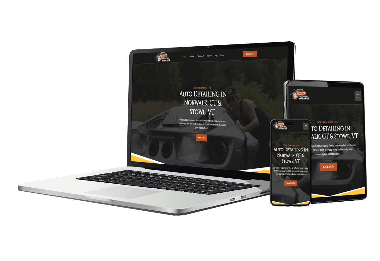 Laptop, phone, and tablet with the Detailing Wizards website displaying on the screens