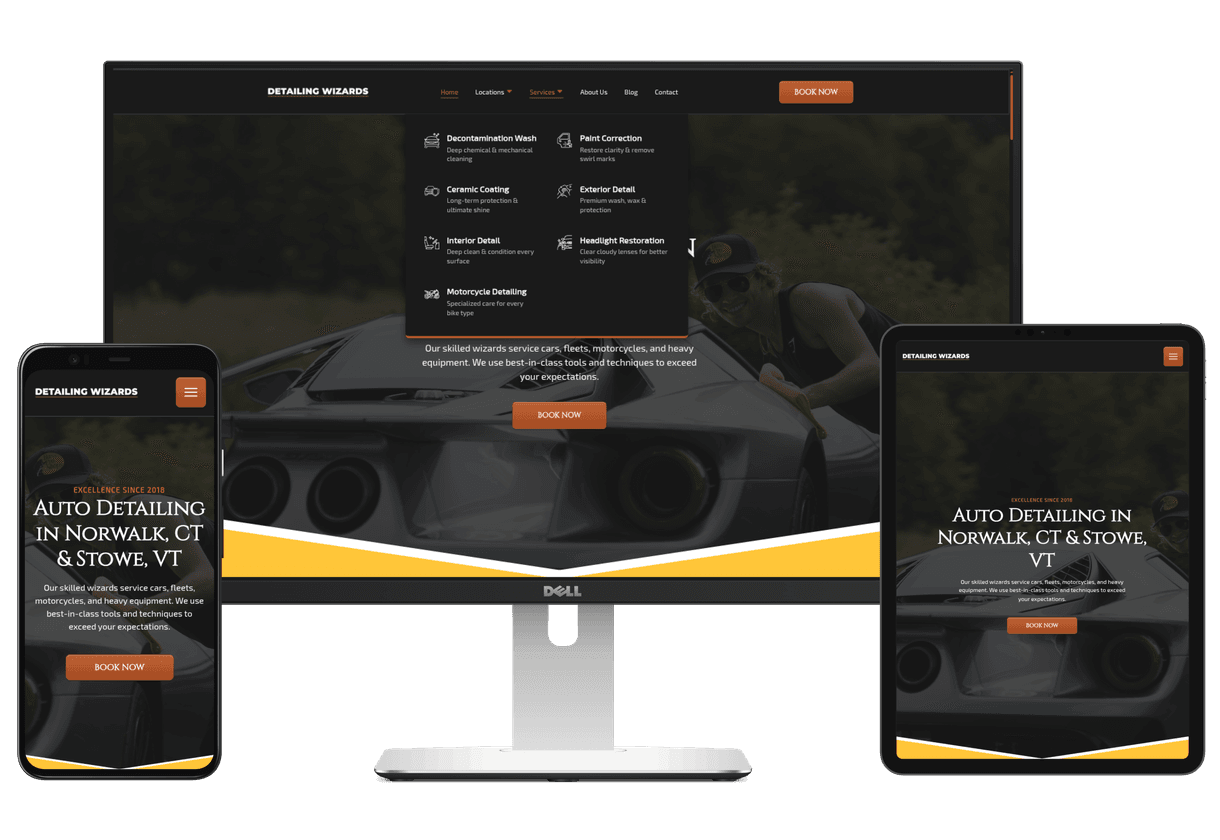 Laptop, phone, and tablet with the Detailing Wizards website displaying on the screens