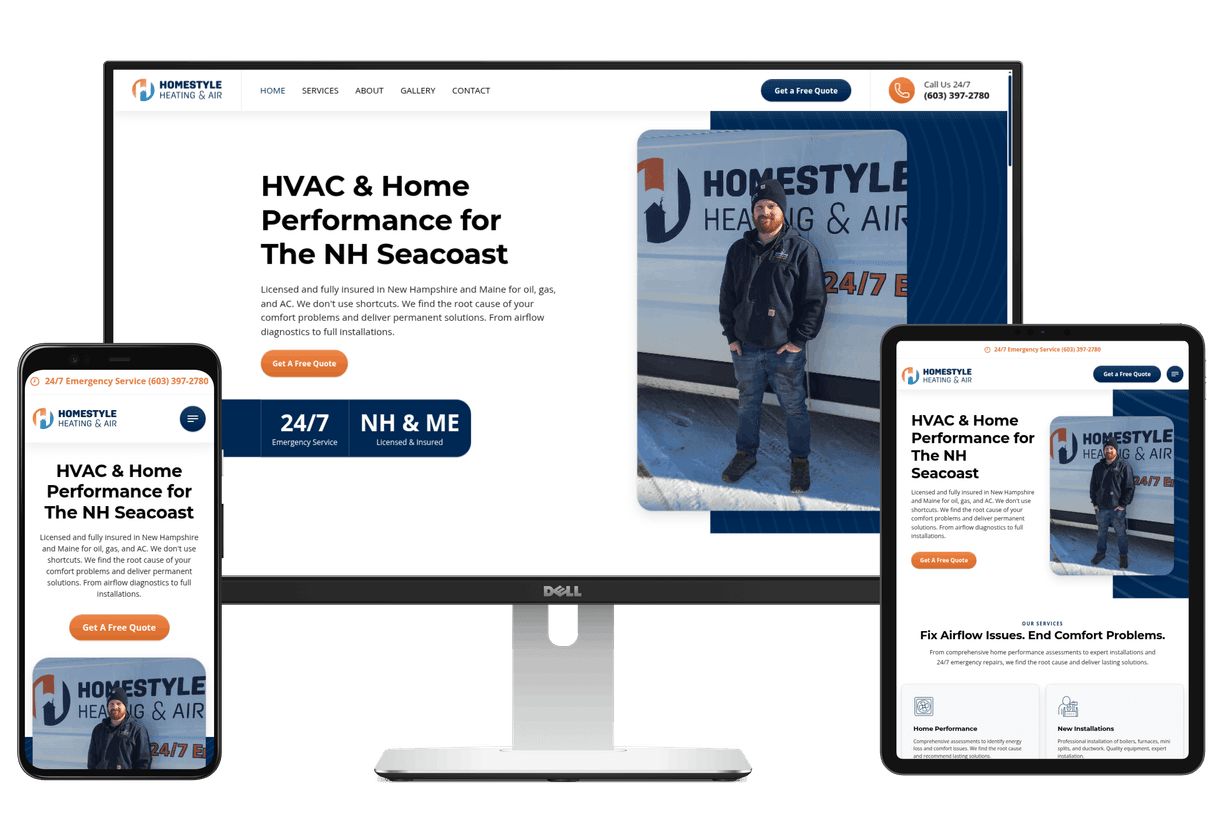 Laptop, phone, and tablet with the HomeStyle Heating website displaying on the screens