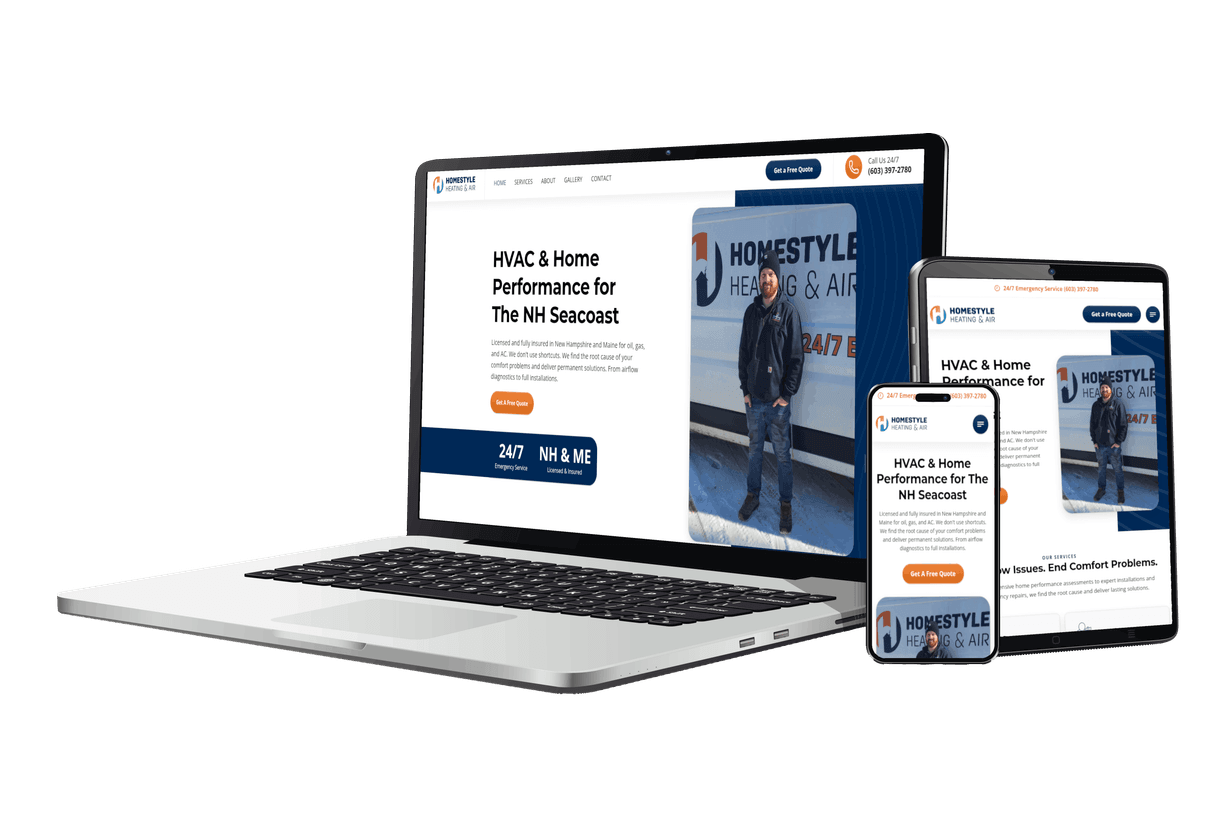 Laptop, phone, and tablet with the HomeStyle Heating website displaying on the screens