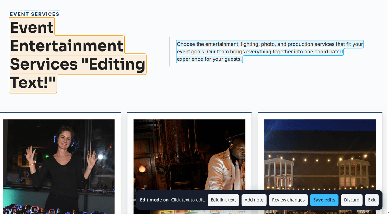 Clear Cut Editor highlighting editable website text, with controls to add a note and review changes.