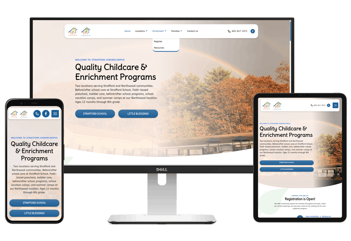 The Strafford KinderCampus website is showing on a laptop, phone, and tablet