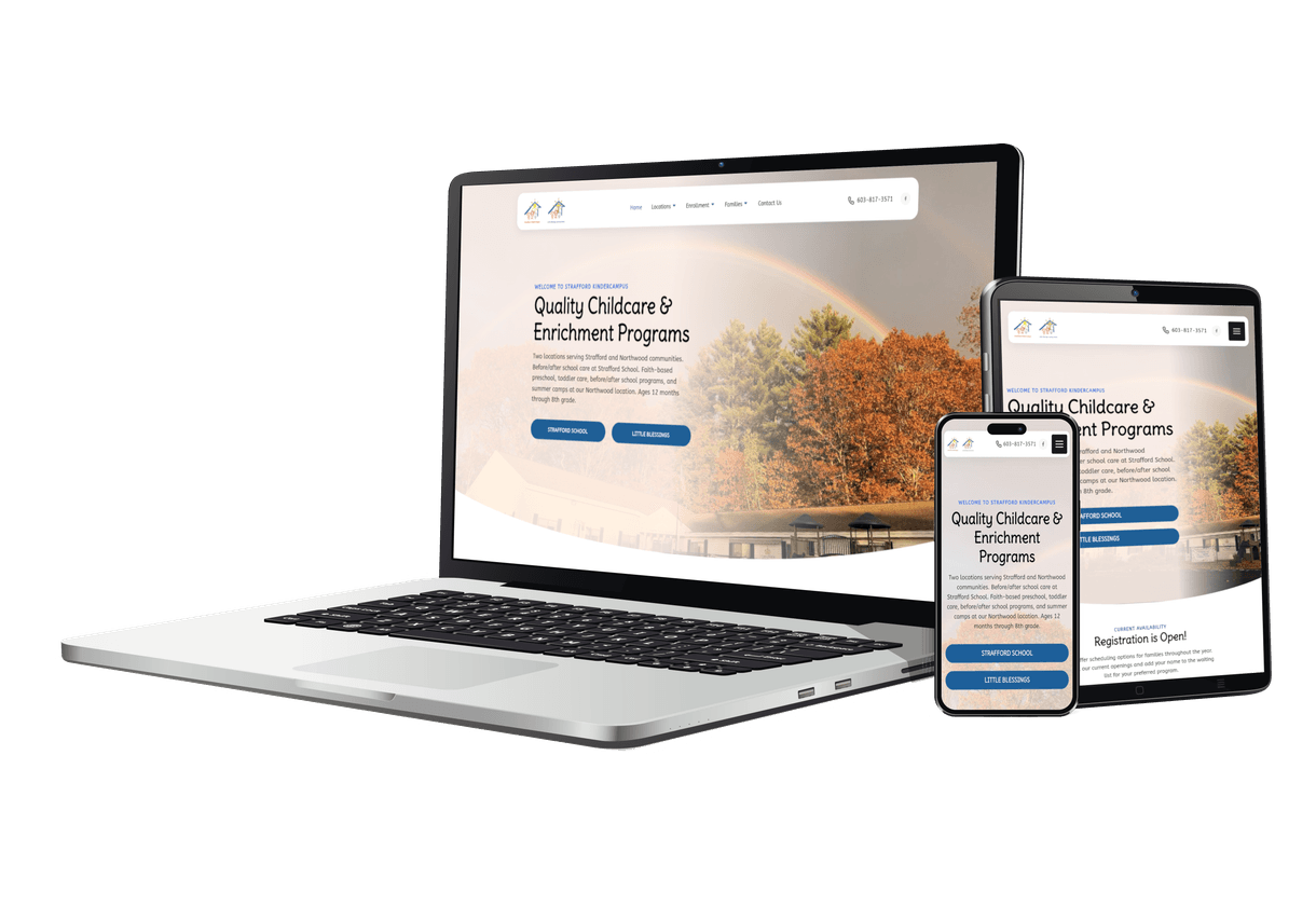 The Strafford KinderCampus website is showing on a laptop, phone, and tablet