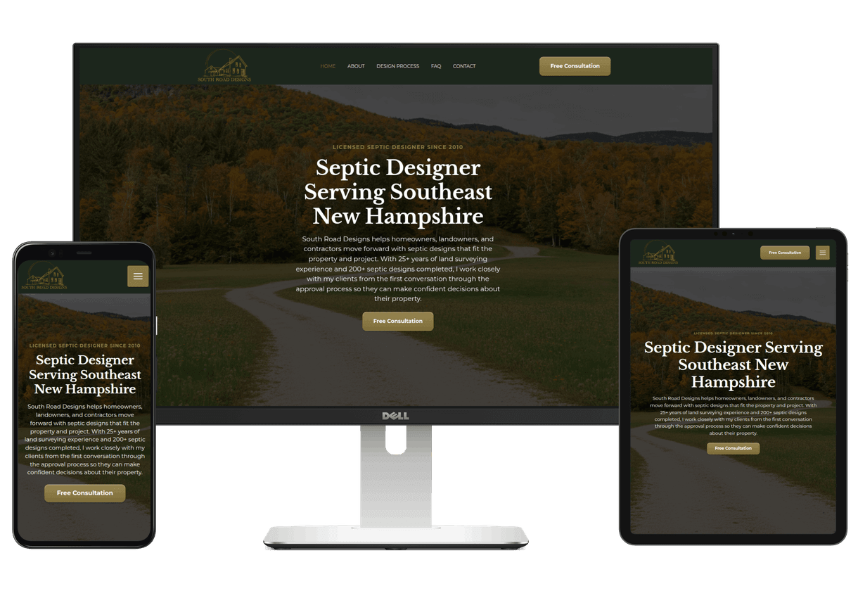 Laptop, phone, and tablet with the South Road Designs website displaying on the screens