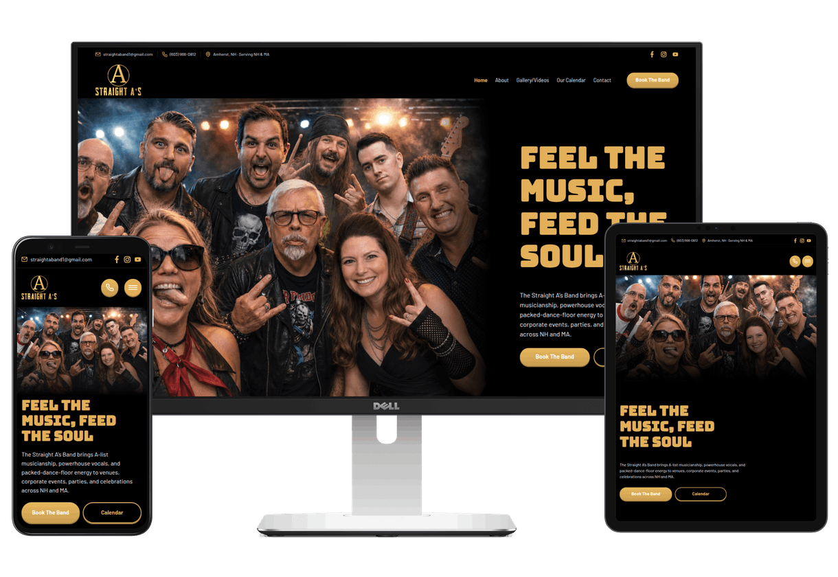 Laptop, phone, and tablet with The Straight A's Band website displaying on the screens